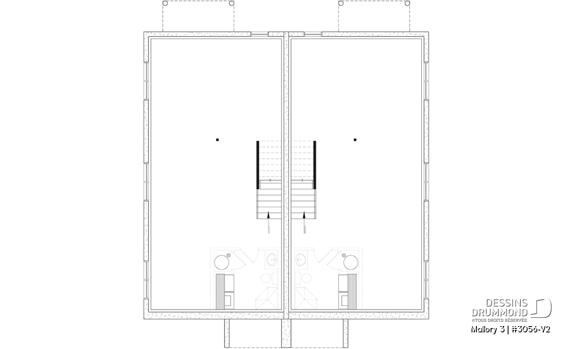 Sous-sol aménageable - Plan de maison jumelée contemporaine, sous-sol aménagé optionnel ($), 3 à 4+ chambres + bureau à chaque unité - Mallory 3