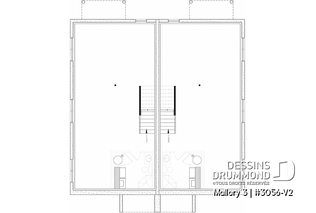 Sous-sol aménageable - Plan de maison jumelée contemporaine, sous-sol aménagé optionnel ($), 3 à 4+ chambres + bureau à chaque unité - Mallory 3