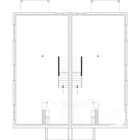 Sous-sol aménageable - Plan de maison jumelée contemporaine, sous-sol aménagé optionnel ($), 3 à 4+ chambres + bureau à chaque unité - Mallory 3
