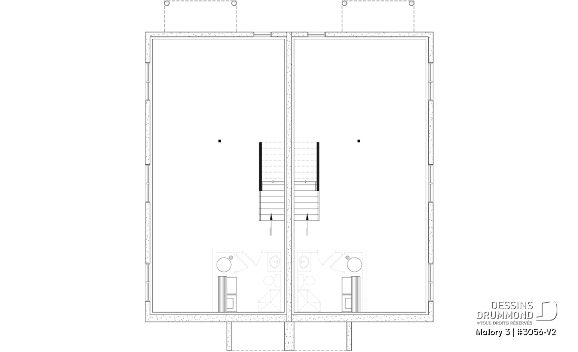 Sous-sol aménageable - Plan de maison jumelée contemporaine, sous-sol aménagé optionnel ($), 3 à 4+ chambres + bureau à chaque unité - Mallory 3