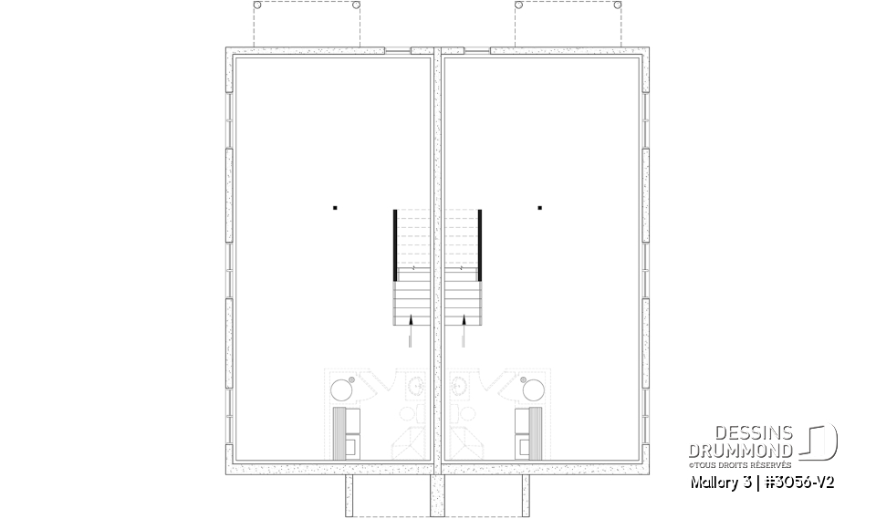 Sous-sol aménageable - Plan de maison jumelée contemporaine, sous-sol aménagé optionnel ($), 3 à 4+ chambres + bureau à chaque unité - Mallory 3
