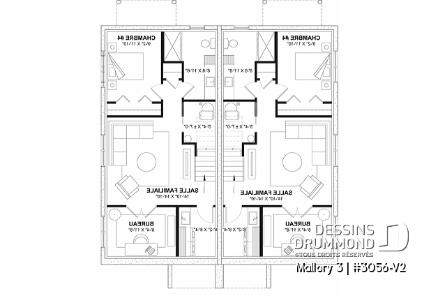 Sous-sol - Plan de maison jumelée contemporaine, aménagée sur 3 étages, offrant 4 chambres + bureau à chaque unité - Mallory 3
