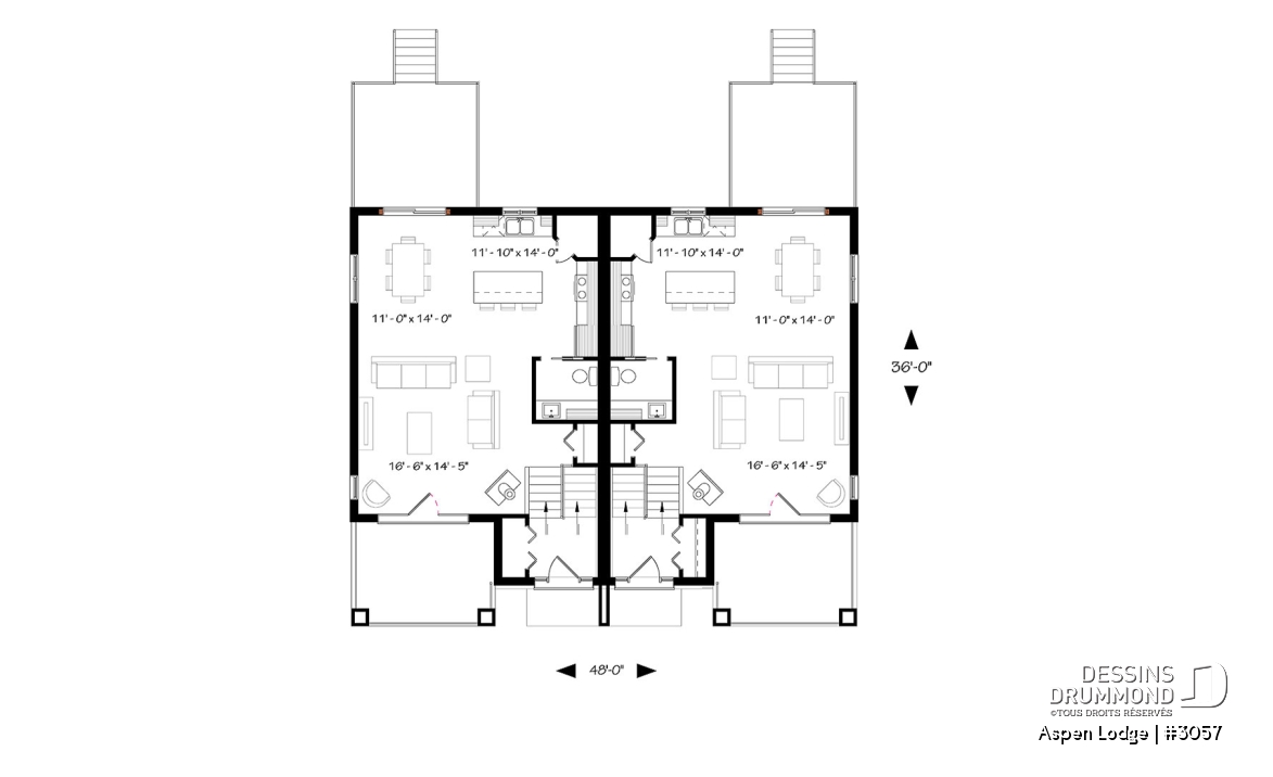 Rez-de-chaussée - Plan de maison jumelée à entrée split, 3 chambres, 1.5 salles de bain par unité, grand balcon avant, poêle - Aspen Lodge