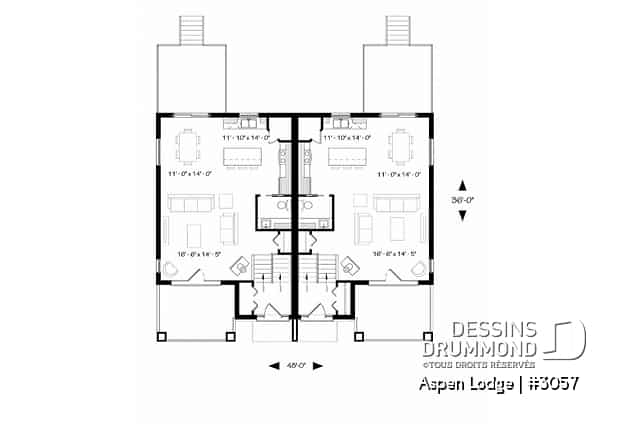 Rez-de-chaussée - Plan de maison jumelée à entrée split, 3 chambres, 1.5 salles de bain par unité, grand balcon avant, poêle - Aspen Lodge