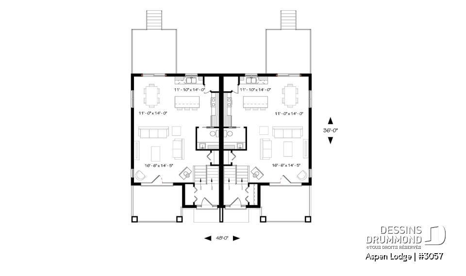 Rez-de-chaussée - Plan de maison jumelée à entrée split, 3 chambres, 1.5 salles de bain par unité, grand balcon avant, poêle - Aspen Lodge