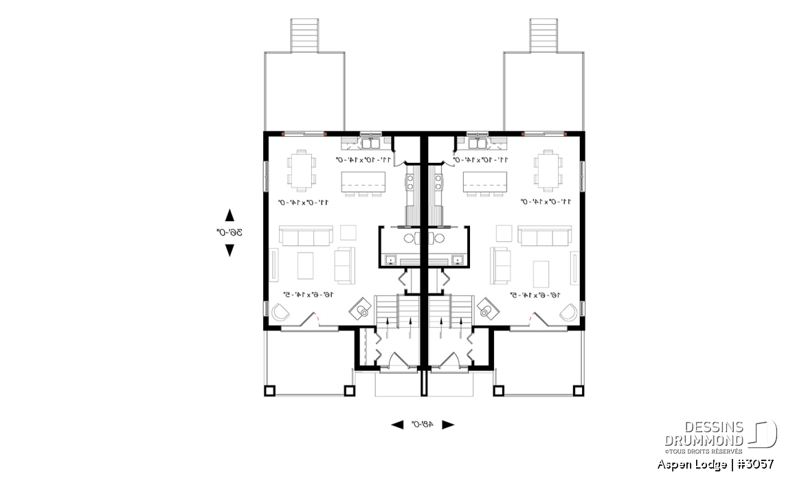 Rez-de-chaussée - Plan de maison jumelée à entrée split, 3 chambres, 1.5 salles de bain par unité, grand balcon avant, poêle - Aspen Lodge