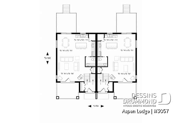 Rez-de-chaussée - Plan de maison jumelée à entrée split, 3 chambres, 1.5 salles de bain par unité, grand balcon avant, poêle - Aspen Lodge
