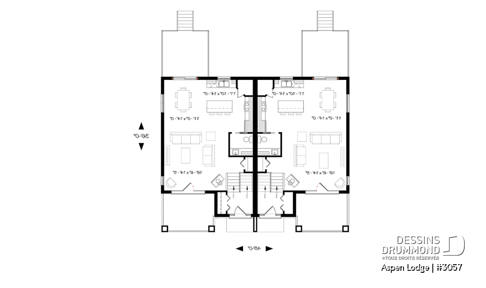 Rez-de-chaussée - Plan de maison jumelée à entrée split, 3 chambres, 1.5 salles de bain par unité, grand balcon avant, poêle - Aspen Lodge