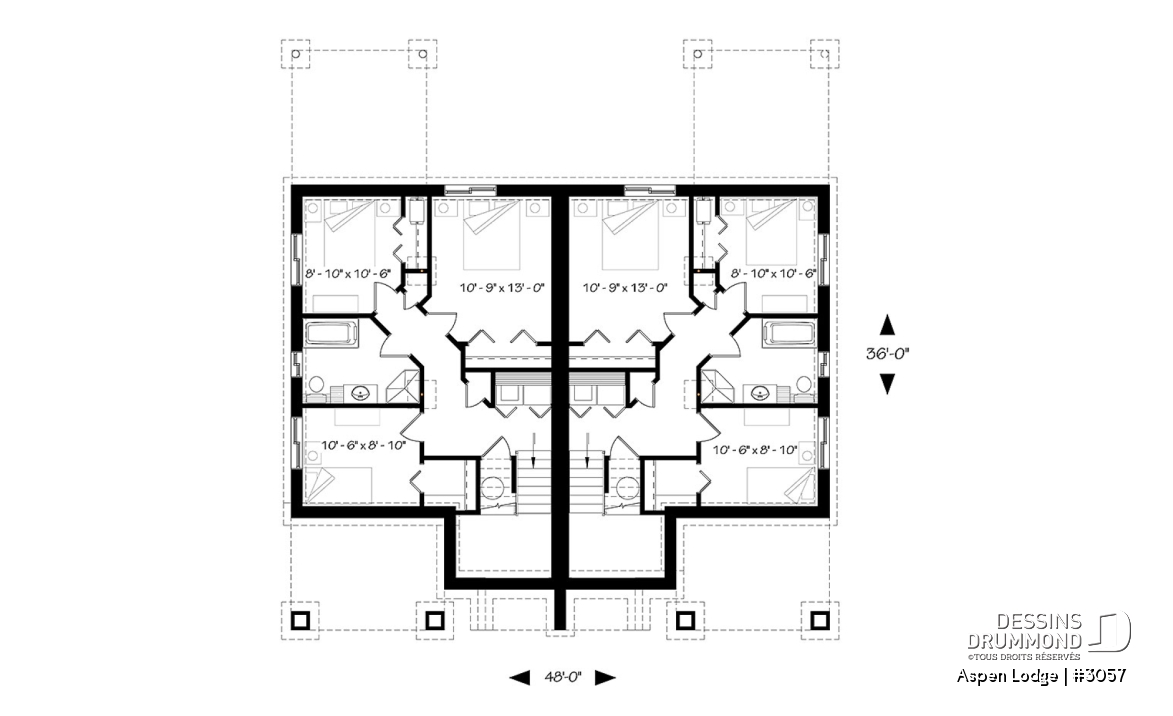 Sous-sol - Plan de maison jumelée à entrée split, 3 chambres, 1.5 salles de bain par unité, grand balcon avant, poêle - Aspen Lodge