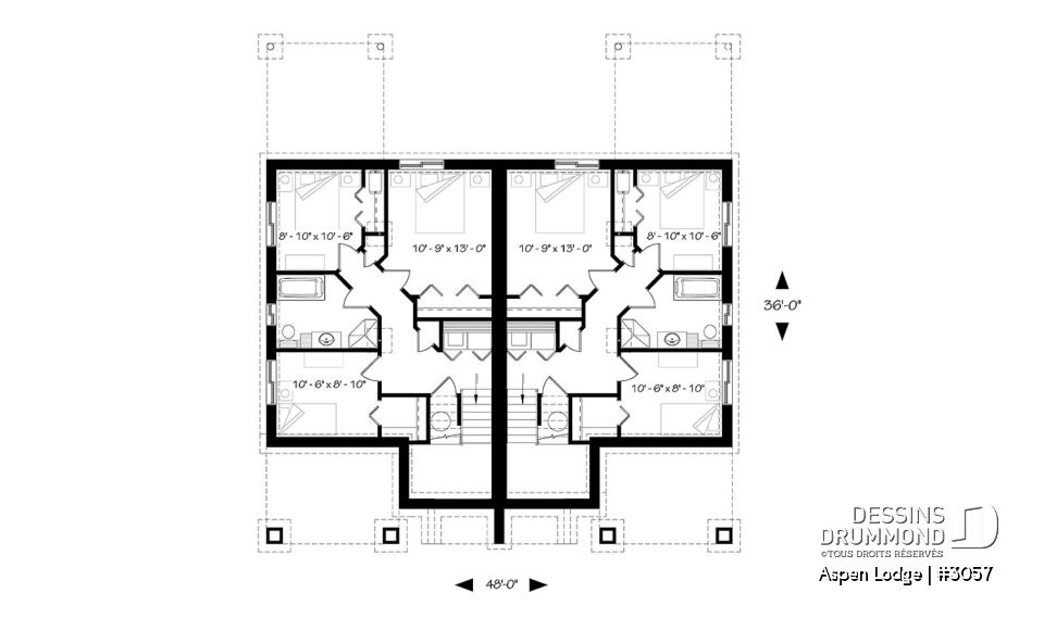 Sous-sol - Plan de maison jumelée à entrée split, 3 chambres, 1.5 salles de bain par unité, grand balcon avant, poêle - Aspen Lodge