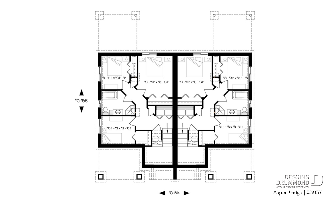 Sous-sol - Plan de maison jumelée à entrée split, 3 chambres, 1.5 salles de bain par unité, grand balcon avant, poêle - Aspen Lodge