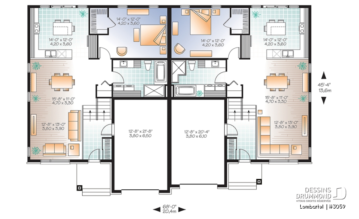 Rez-de-chaussée - Plan de jumelé contemporain avec garage, 1 à 3 chambres par unité, grande douche, îlot dans la cuisine - Lombartel 