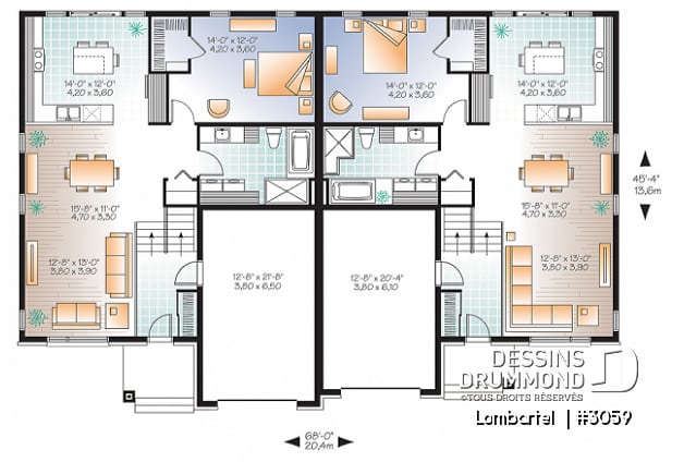 Rez-de-chaussée - Plan de jumelé contemporain avec garage, 1 à 3 chambres par unité, grande douche, îlot dans la cuisine - Lombartel 