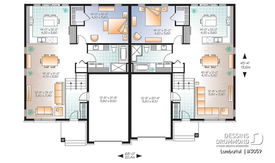 Rez-de-chaussée - Plan de jumelé contemporain avec garage, 1 à 3 chambres par unité, grande douche, îlot dans la cuisine - Lombartel 