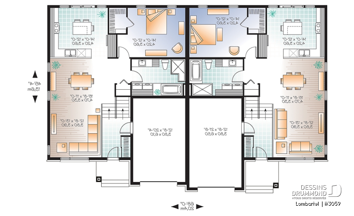 Rez-de-chaussée - Plan de jumelé contemporain avec garage, 1 à 3 chambres par unité, grande douche, îlot dans la cuisine - Lombartel 
