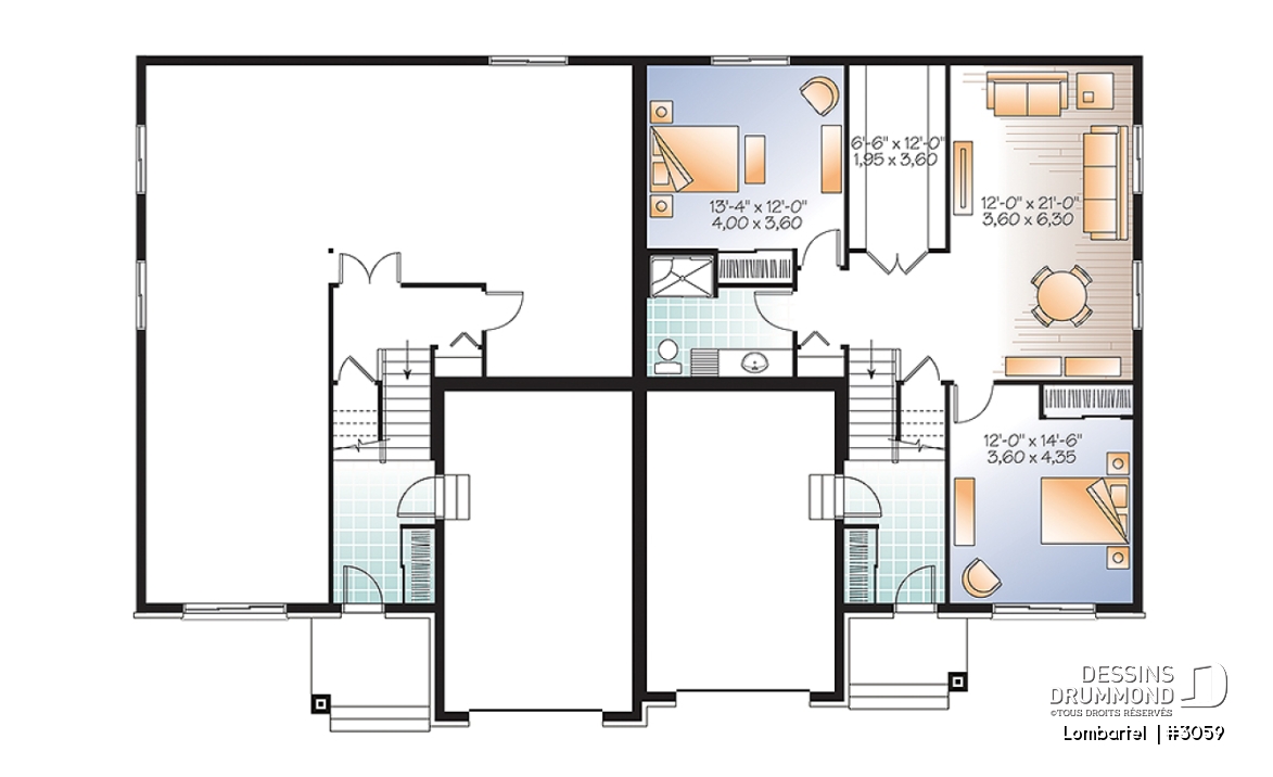 Sous-sol - Plan de jumelé contemporain avec garage, 1 à 3 chambres par unité, grande douche, îlot dans la cuisine - Lombartel 