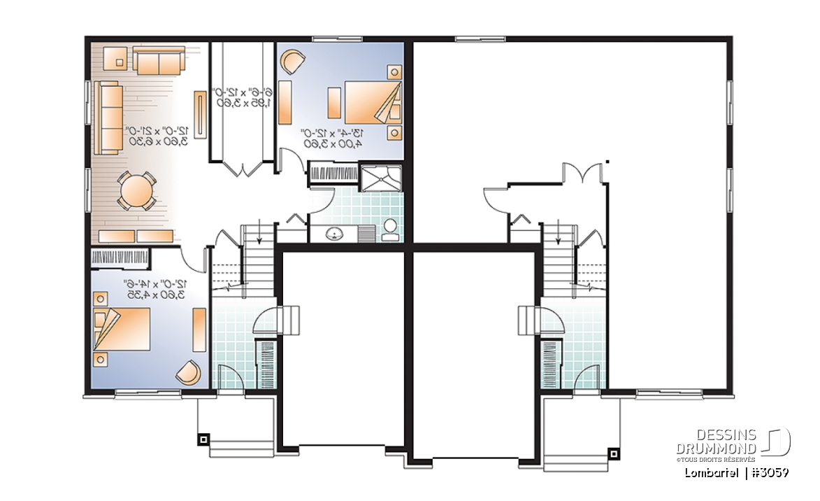 Sous-sol - Plan de jumelé contemporain avec garage, 1 à 3 chambres par unité, grande douche, îlot dans la cuisine - Lombartel 