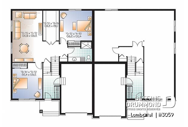 Sous-sol - Plan de jumelé contemporain avec garage, 1 à 3 chambres par unité, grande douche, îlot dans la cuisine - Lombartel 