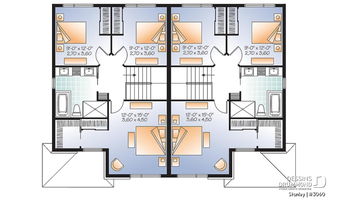 Étage - Plan de semi-détaché urbain, 3 chambres et 1.5 salles de bain par unité - Stanley