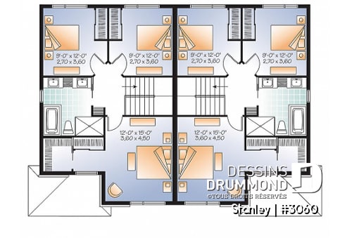 Étage - Plan de semi-détaché urbain, 3 chambres et 1.5 salles de bain par unité - Stanley