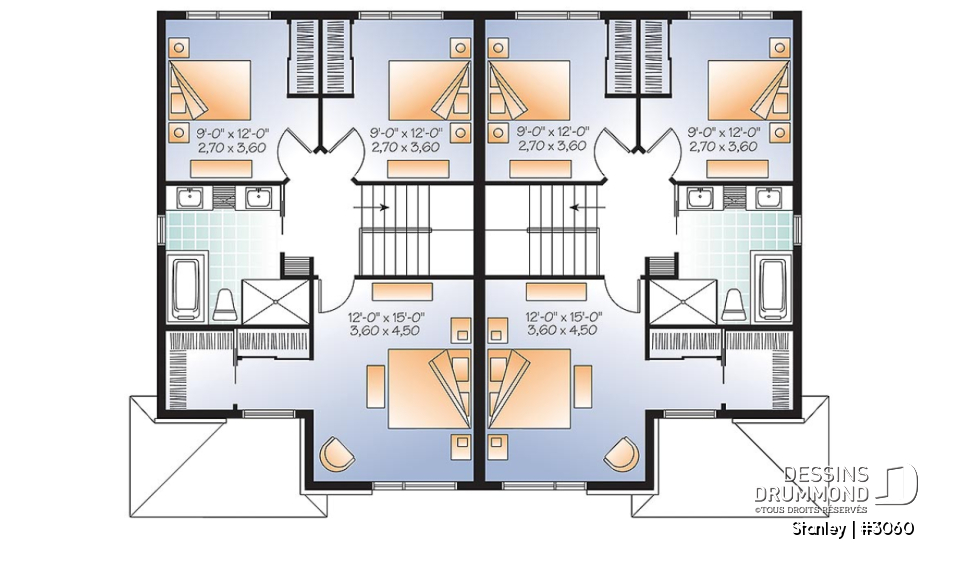 Étage - Plan de semi-détaché urbain, 3 chambres et 1.5 salles de bain par unité - Stanley