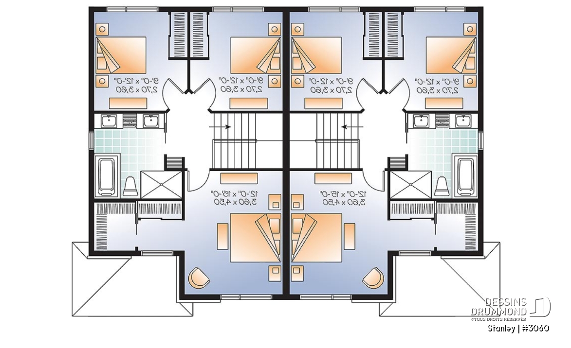 Étage - Plan de semi-détaché urbain, 3 chambres et 1.5 salles de bain par unité - Stanley