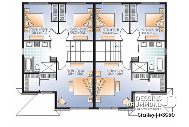Étage - Plan de semi-détaché urbain, 3 chambres et 1.5 salles de bain par unité - Stanley