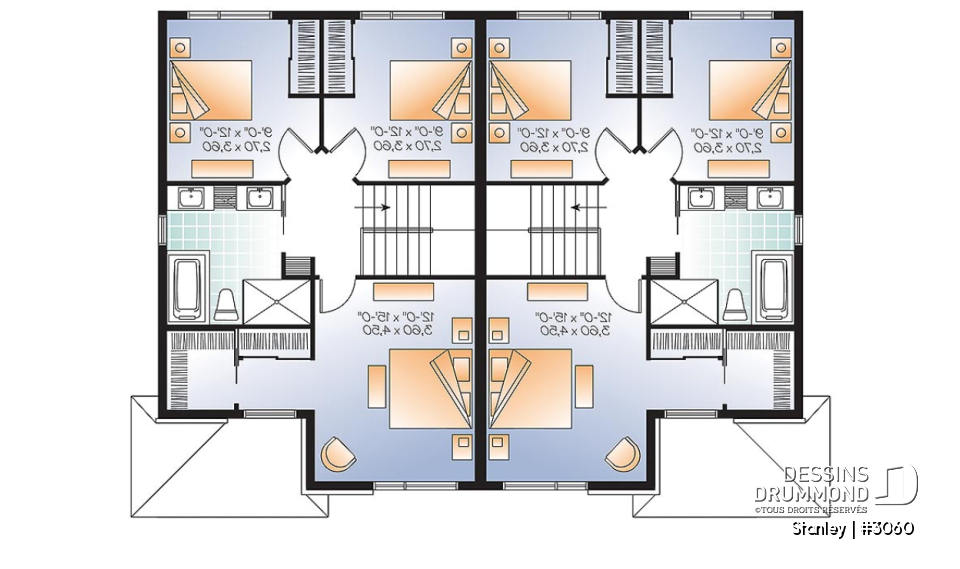 Étage - Plan de semi-détaché urbain, 3 chambres et 1.5 salles de bain par unité - Stanley