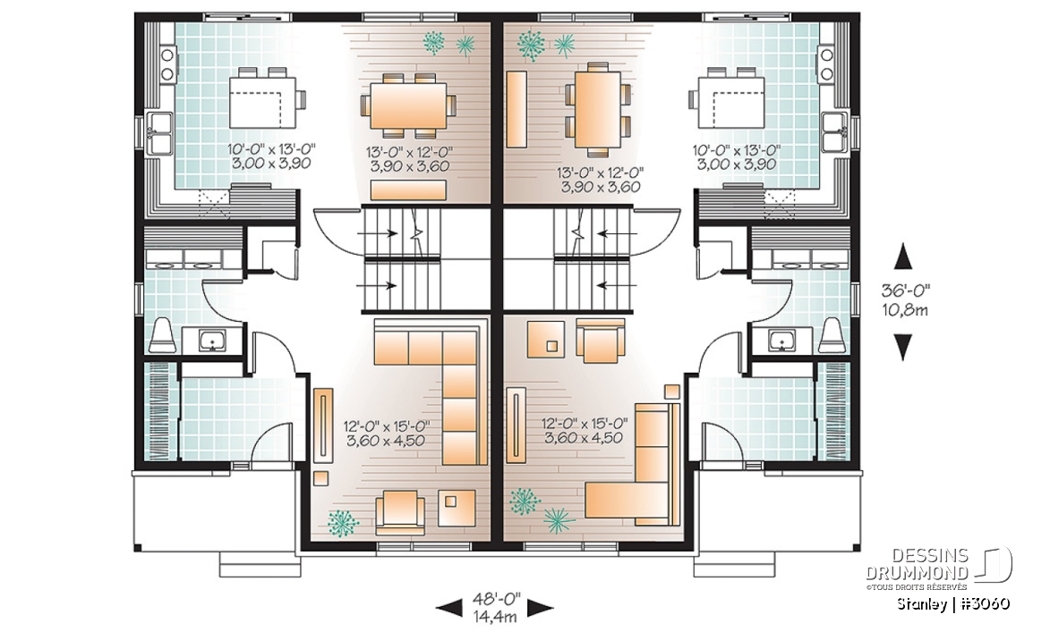Rez-de-chaussée - Plan de semi-détaché urbain, 3 chambres et 1.5 salles de bain par unité - Stanley