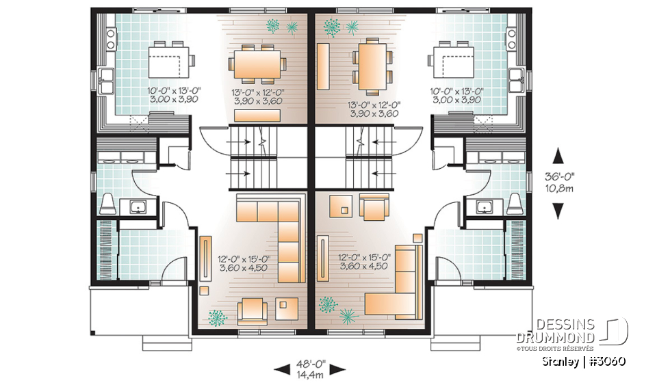 Rez-de-chaussée - Plan de semi-détaché urbain, 3 chambres et 1.5 salles de bain par unité - Stanley