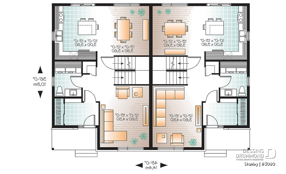 Rez-de-chaussée - Plan de semi-détaché urbain, 3 chambres et 1.5 salles de bain par unité - Stanley