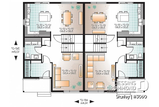 Rez-de-chaussée - Plan de semi-détaché urbain, 3 chambres et 1.5 salles de bain par unité - Stanley