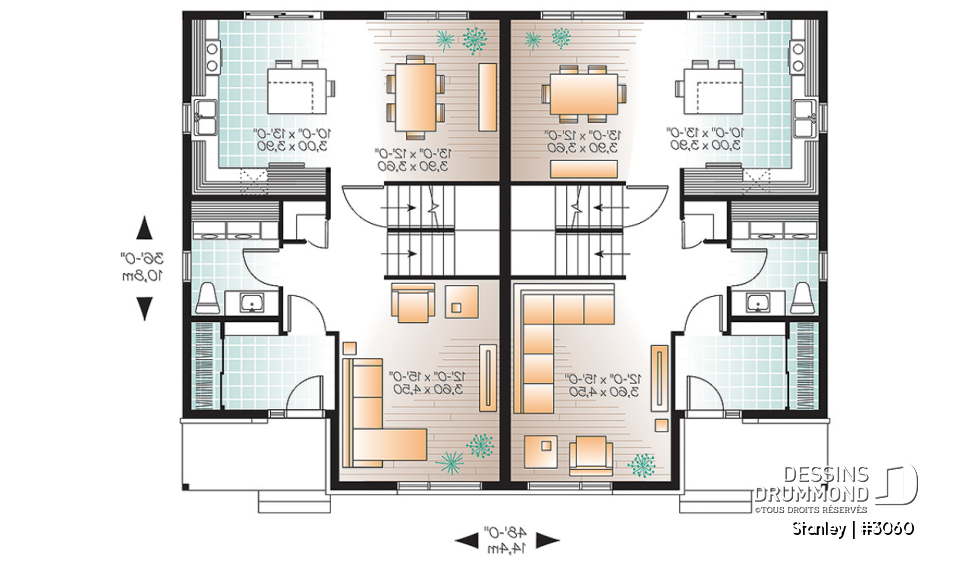 Rez-de-chaussée - Plan de semi-détaché urbain, 3 chambres et 1.5 salles de bain par unité - Stanley