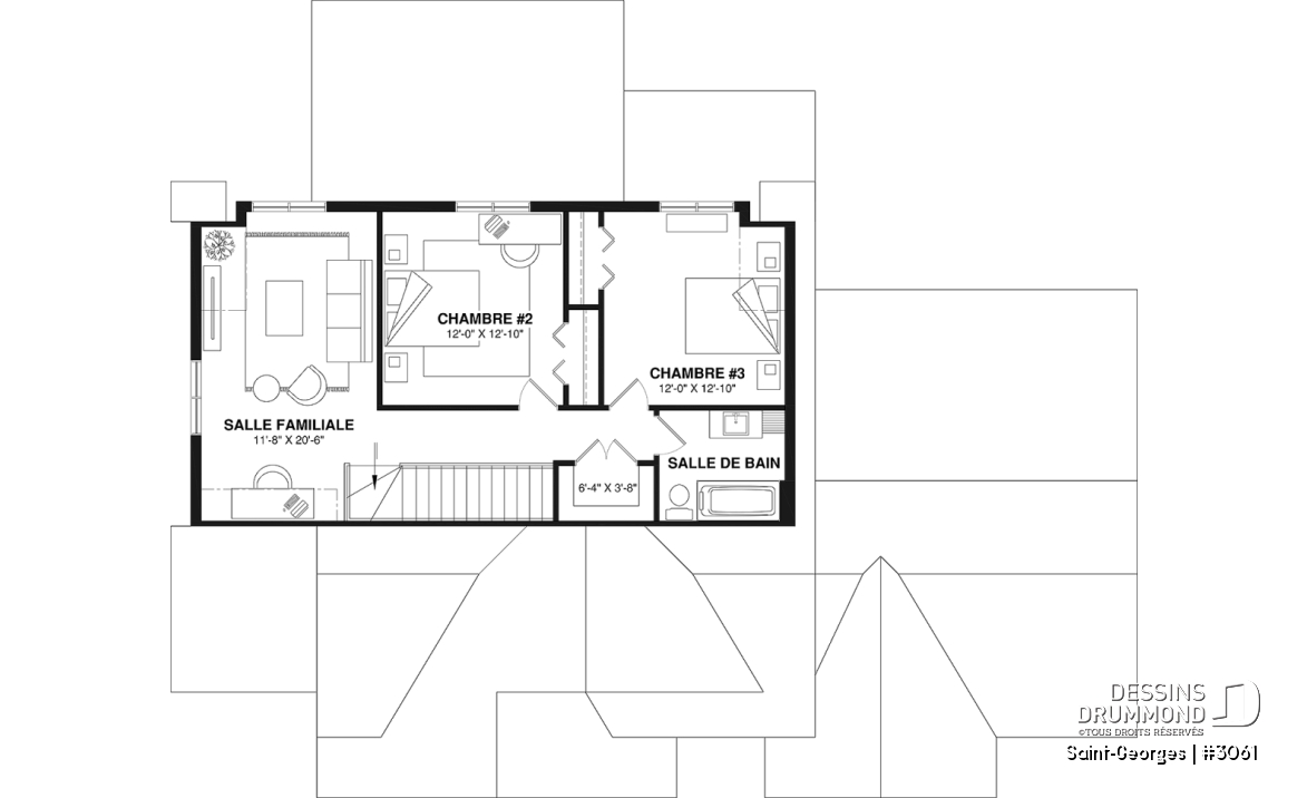 Étage - Plan de maison intergénérationnelle offrant 3 chambres et une terrasse couverte pour le logement principal. - Saint-Georges