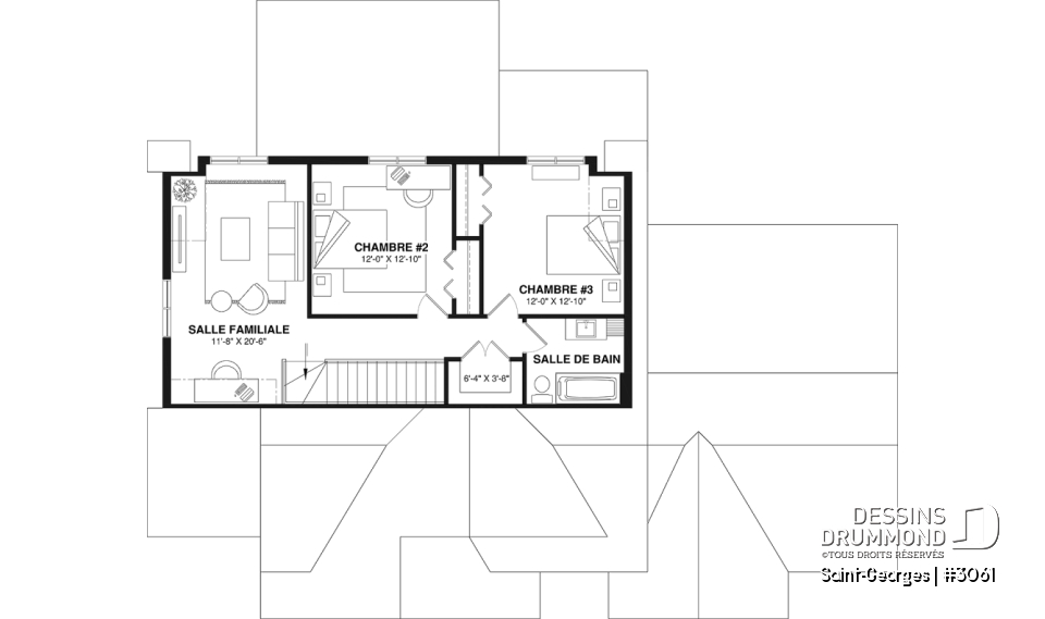Étage - Plan de maison intergénérationnelle offrant 3 chambres et une terrasse couverte pour le logement principal. - Saint-Georges