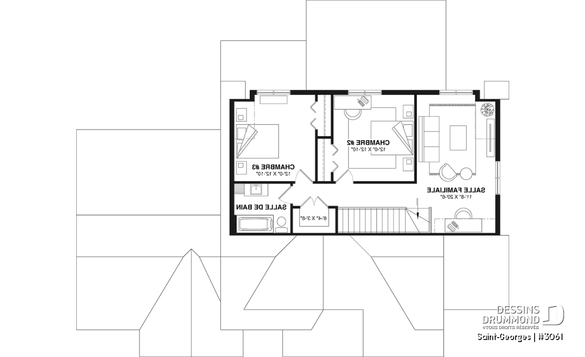 Étage - Plan de maison intergénérationnelle offrant 3 chambres et une terrasse couverte pour le logement principal. - Saint-Georges