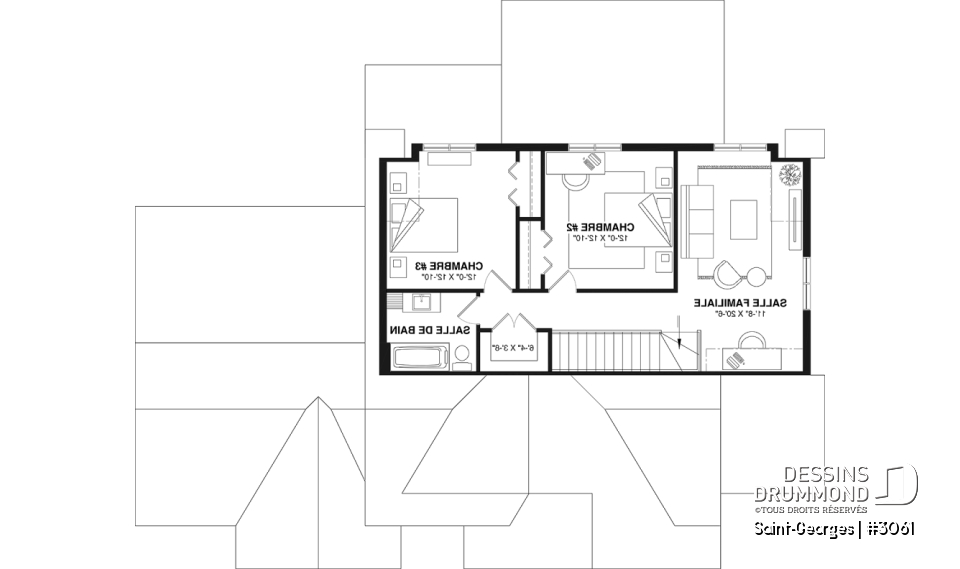 Étage - Plan de maison intergénérationnelle offrant 3 chambres et une terrasse couverte pour le logement principal. - Saint-Georges