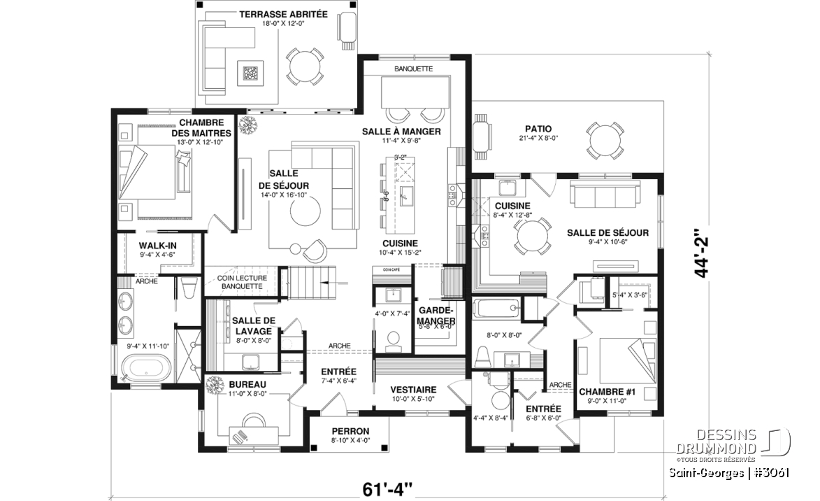 Rez-de-chaussée - Plan de maison intergénérationnelle offrant 3 chambres et une terrasse couverte pour le logement principal. - Saint-Georges