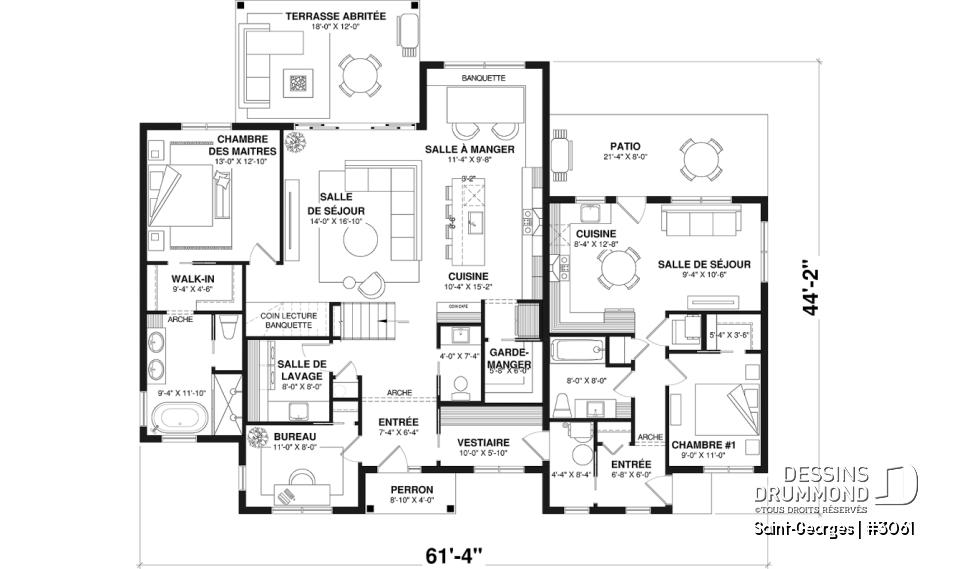 Rez-de-chaussée - Plan de maison intergénérationnelle offrant 3 chambres et une terrasse couverte pour le logement principal. - Saint-Georges