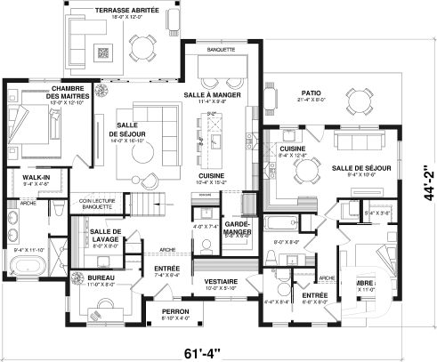 Rez-de-chaussée - Plan de maison intergénérationnelle offrant 3 chambres et une terrasse couverte pour le logement principal. - Saint-Georges