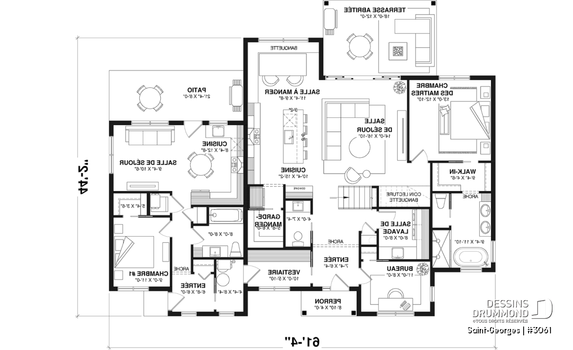 Rez-de-chaussée - Plan de maison intergénérationnelle offrant 3 chambres et une terrasse couverte pour le logement principal. - Saint-Georges