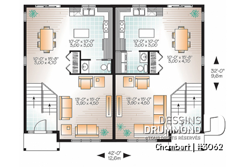 Rez-de-chaussée - Maison jumelée de style champêtre rustique, option 2 ou 3 chambres, salle d'eau au r-d-c - Chambert