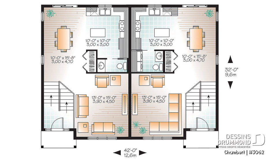Rez-de-chaussée - Maison jumelée de style champêtre rustique, option 2 ou 3 chambres, salle d'eau au r-d-c - Chambert