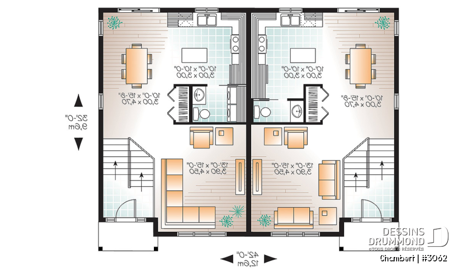 Rez-de-chaussée - Maison jumelée de style champêtre rustique, option 2 ou 3 chambres, salle d'eau au r-d-c - Chambert