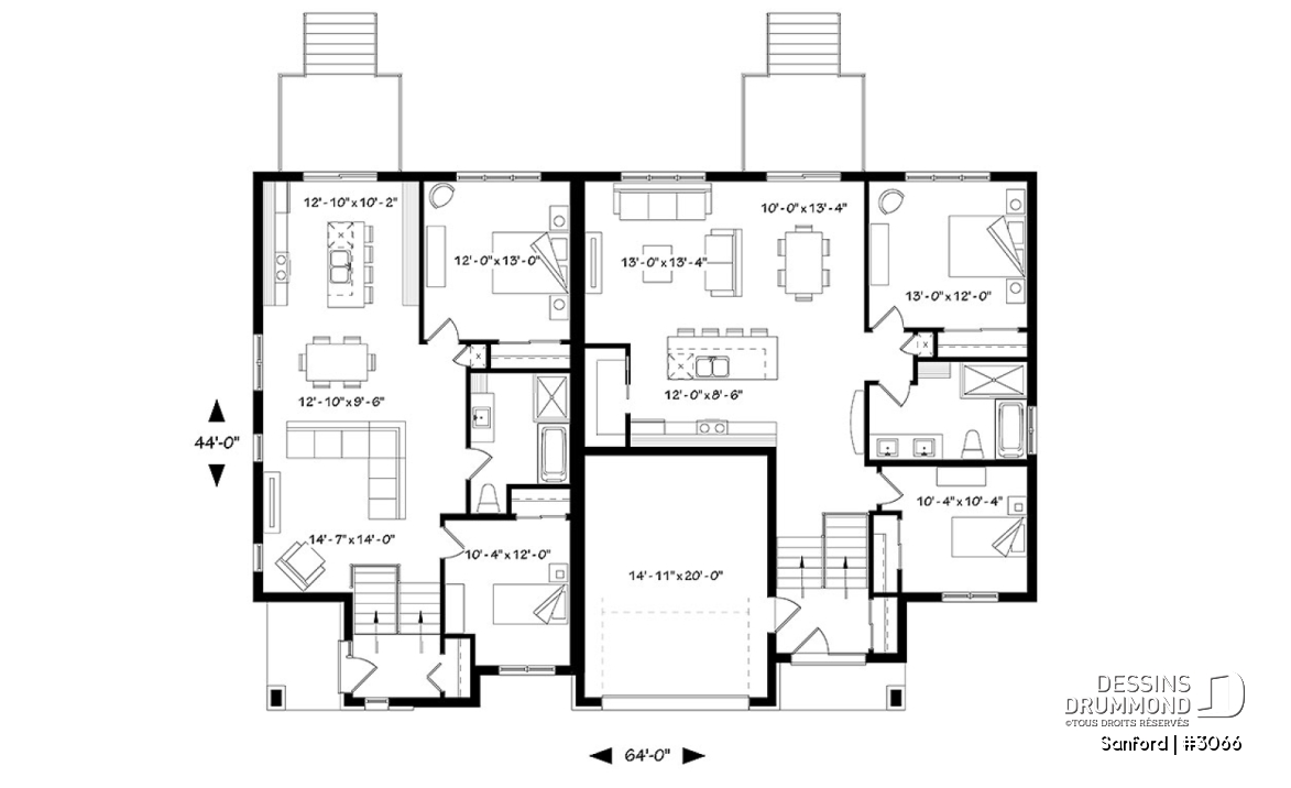 Rez-de-chaussée - Plan de maisons jumelées 2 à 4 chambres par unité, 2 salons, grand îlot, 2 salles de bain, buanderie - Sanford