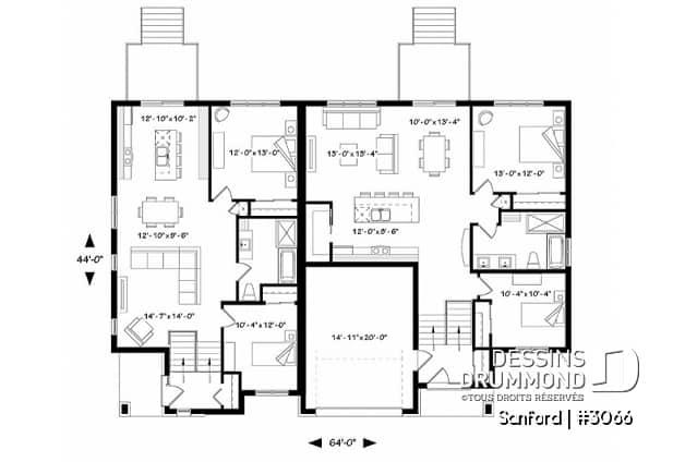 Rez-de-chaussée - Plan de maisons jumelées 2 à 4 chambres par unité, 2 salons, grand îlot, 2 salles de bain, buanderie - Sanford
