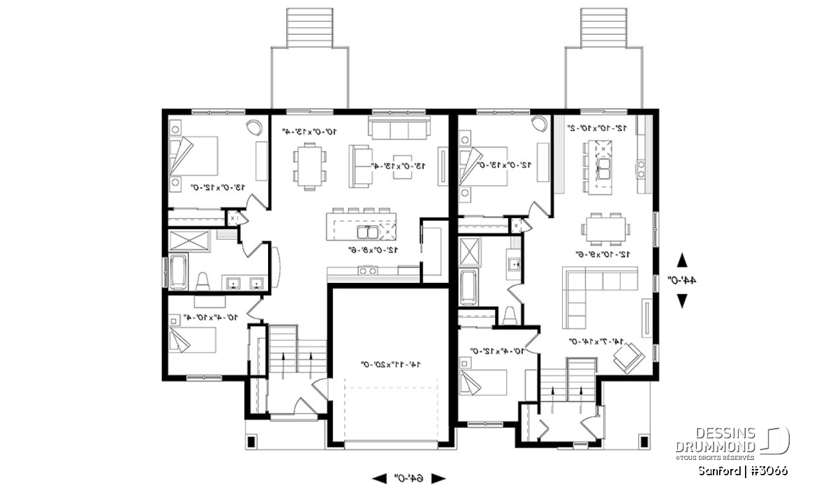 Rez-de-chaussée - Plan de maisons jumelées 2 à 4 chambres par unité, 2 salons, grand îlot, 2 salles de bain, buanderie - Sanford