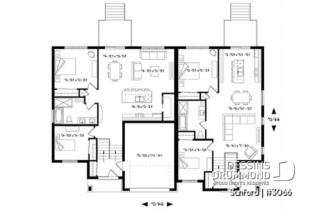 Rez-de-chaussée - Plan de maisons jumelées 2 à 4 chambres par unité, 2 salons, grand îlot, 2 salles de bain, buanderie - Sanford
