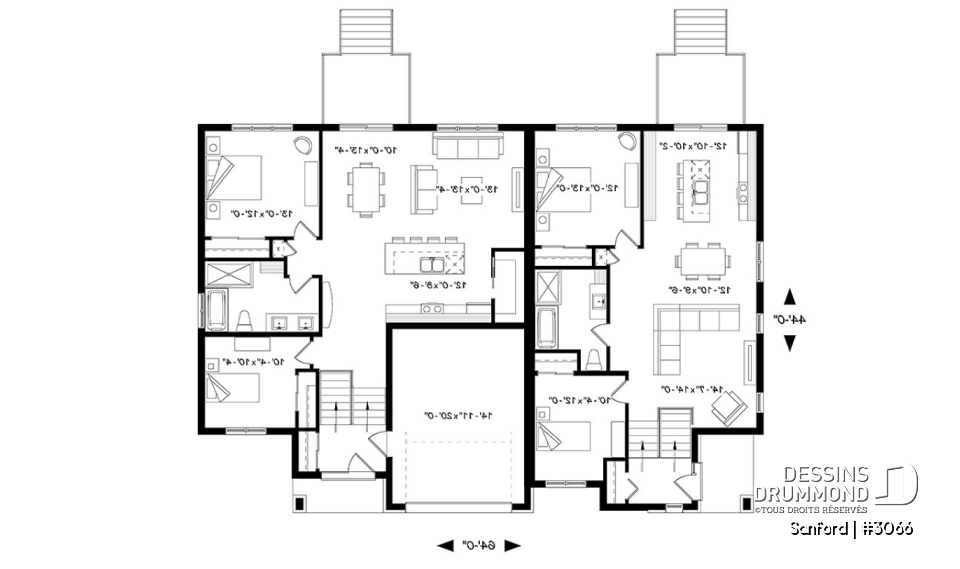 Rez-de-chaussée - Plan de maisons jumelées 2 à 4 chambres par unité, 2 salons, grand îlot, 2 salles de bain, buanderie - Sanford