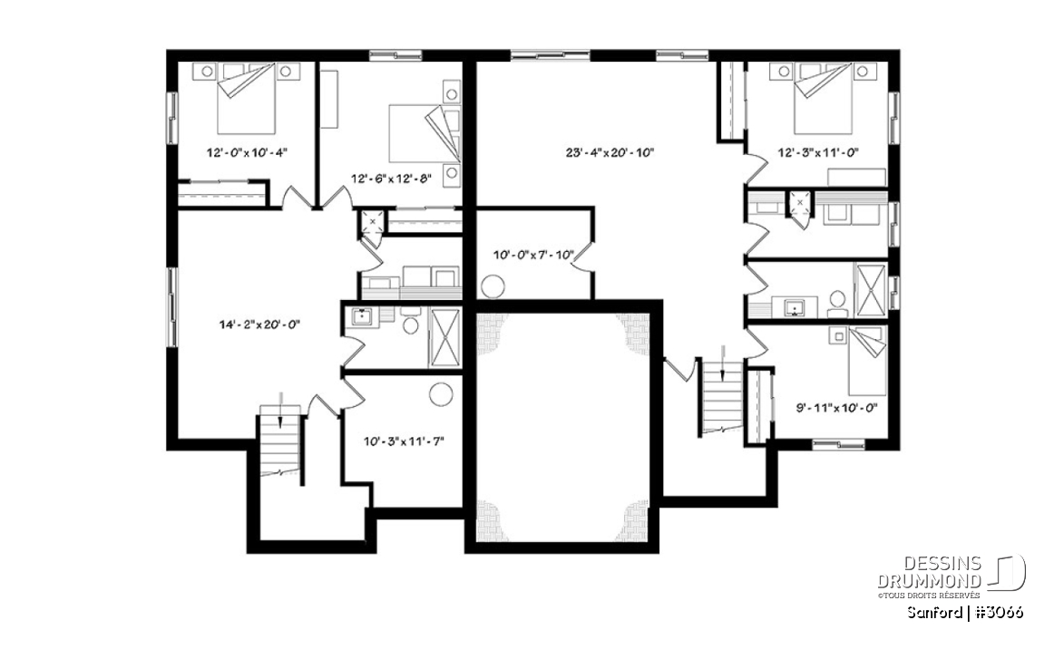 Sous-sol - Plan de maisons jumelées 2 à 4 chambres par unité, 2 salons, grand îlot, 2 salles de bain, buanderie - Sanford